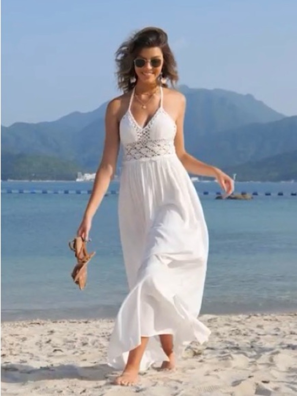 LILBETTER Ivory Backless Bohemian Crochet Halter Maxi Dress